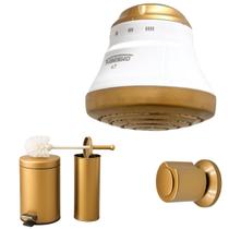 Kit Banheiro Dourado Chuveiro Faminho 4T 220V com Acabamento Registro + Lixeira e Escova