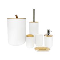 Kit Banheiro Em Bambu Lixeira Com Tampa Fechada 6 Peças Preto Branco Completo Luxo Lavabo Escova Sanitária