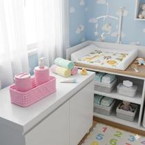 Kit Banheiro Infantil 3 em 1 Rosa Linha Mãe e Bebê Com Cesto e Dispenser Sabonete