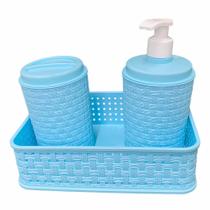 Kit Banheiro Infantil Menino 3 em 1 Azul Linha Mãe e Bebê Com Cesto e Dispenser Sabonete