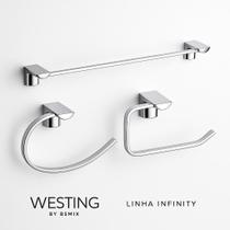Kit Banheiro Inox Cromado 3 Peças Porta Toalha 54 cm Porta Toalha Curvado Porta Papel Higiênico Linha Infinity WESTING By BSMIX