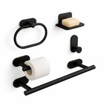 Kit Banheiro Inox Preto 5 Peças Sem Furo Com Saboneteira E Porta Toalha - Preto