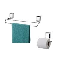 Kit banheiro inox ventosa 2 peças Future porta toalha banho duplo e papeleira Kit banheiro inox ventosa 2 peças Future porta toalha banho duplo e papeleira