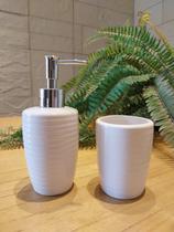 Kit Banheiro Lavabo 2 Peças + Bandeja de Bambu Sabonete Líquido Suporte p/Escovas Em Cerâmica Luxo Kit Banheiro Lavabo 2 Peças + Bandeja de Bambu Sabonete Líquido Suporte p/Escovas Em Cerâmica Luxo