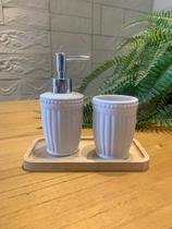 Kit Banheiro Lavabo 2 Peças Bandeja de Bambu Sabonete Líquido Suporte para Escovas Em Cerâmica Luxo Kit Banheiro Lavabo 2 Peças Bandeja de Bambu Sabonete Líquido Suporte para Escovas Em Cerâmica Luxo