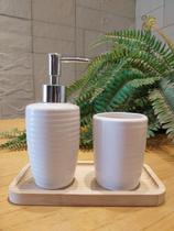 Kit Banheiro Lavabo 2 Peças Bandeja de Bambu Sabonete Líquido Suporte para Escovas Em Cerâmica Luxo Kit Banheiro Lavabo 2 Peças Bandeja de Bambu Sabonete Líquido Suporte para Escovas Em Cerâmica Luxo