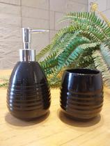 Kit Banheiro Lavabo 2 Peças Bandeja de Bambu Sabonete Líquido Suporte para Escovas Em Cerâmica Luxo