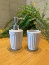 Kit Banheiro Lavabo 2 Peças Bandeja de Bambu Sabonete Líquido Suporte para Escovas Em Cerâmica Luxo