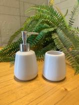 Kit Banheiro Lavabo 2 Peças Bandeja de Bambu Sabonete Líquido Suporte para Escovas Em Cerâmica Luxo Kit Banheiro Lavabo 2 Peças Bandeja de Bambu Sabonete Líquido Suporte para Escovas Em Cerâmica Luxo