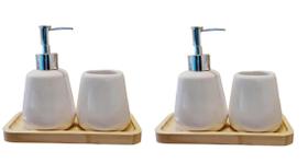 Kit Banheiro Lavabo 2 Peças Bandeja de Bambu Sabonete Líquido Suporte para Escovas Em Cerâmica Luxo