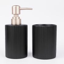 Kit Banheiro Lavabo 2 Peças Porta Sabonete Escova Decorativo Cerâmica Canelado