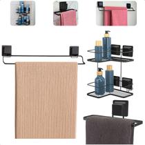 Kit Banheiro Lavabo 3 pçs Porta Toalha Duplo, Porta Toalha de Rosto Quadrado e Porta Shampoo Ventosa Arthi