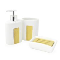 Kit Banheiro Lavabo 3 Peças Branco Detalhes Em Bambu