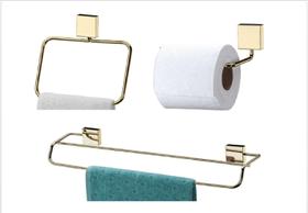 Kit banheiro lavabo 3 peças dourado Future porta toalha banho duplo toalheiro rosto papeleira