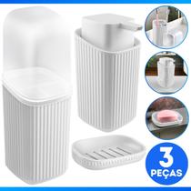 Kit Banheiro Lavabo 3 Peças Sabonete Líquido, Porta Escova Dente, Cotonete Algodão Frisos