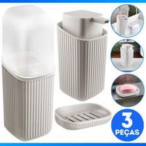 Kit Banheiro Lavabo 3 Peças Sabonete Líquido, Porta Escova Dente, Cotonete Algodão Frisos