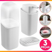 Kit Banheiro Lavabo 3 peças Sabonete Líquido, Porta Escova dente, Cotonete Algodão Frisos
