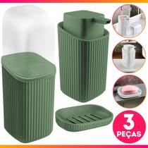 Kit Banheiro Lavabo 3 peças Sabonete Líquido, Porta Escova dente, Cotonete Algodão Frisos