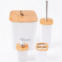 Kit Banheiro Lavabo 4 Peças Branco e Bambu Organizador Luxo Porta Sabonete Escova Premium