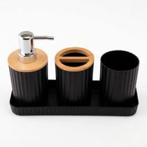 Kit Banheiro Lavabo 4 Peças Compacto Plástico PP e Bambu Organizador Porta Sabonete Pequeno