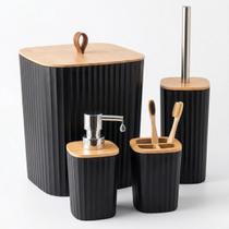 Kit Banheiro Lavabo 4 Peças Preto Fosco e Bambu Organizador Luxo Porta Sabonete Escova Kit Banheiro Lavabo 4 Peças Preto Fosco e Bambu Organizador Luxo Porta Sabonete Escova