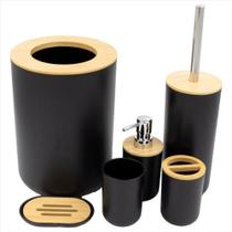 Kit Banheiro Lavabo 6pcs Preto Plastico e Bambu - Clink