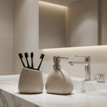Kit Banheiro Lavabo Abstrato Dispenser Porta Escovas Greige