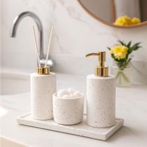 Kit Banheiro Lavabo Acessórios Para Banheiro Aromatizador Saboneteira Porta Cotonetes e Base Em Cimento Granilite