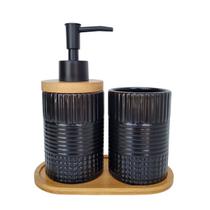 Kit Banheiro Lavabo Bambu Bandeja Porta Escova Sabonete 3 Peças Kit Banheiro Lavabo Bambu Bandeja Porta Escova Sabonete 3 Peças