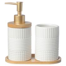 Kit Banheiro Lavabo Bambu Dispenser Líquido Escova Pia / 354