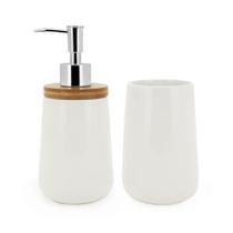 Kit Banheiro Lavabo Branco 2 Peças Acessorios Ceramica Bambu 8cm Organização - MIMO STYLE