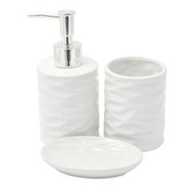 Kit Banheiro Lavabo Branco Com Dispenser 3 Peças Ondas