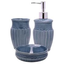 Kit Banheiro Lavabo Cerâmica Marine Blue 3pçs Mimo Style Porta Escova/Saboneteira/Porta Sabonete