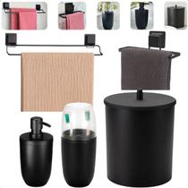 Kit Banheiro Lavabo Completo Porta Toalha De Banho Rosto Porta Sabonete Líquido Porta Escova Lixeira De 5L Arthi