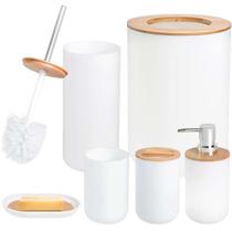 Kit banheiro Lavabo Conjunto com 6 Peças acabamento em Bambu Lixeira Escova Sanitária - Branco - CLINK