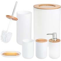 Kit banheiro Lavabo Conjunto com 6 Peças acabamento em Bambu Lixeira Escova Sanitária - Branco