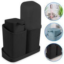 Kit Banheiro Lavabo Decoração Luxo Porta Escovas Sabonete Líquido Com Bandeja