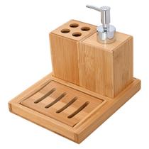 Kit Banheiro Lavabo Dispenser Sabonete Porta Escovas Bambu Kit Banheiro Lavabo Dispenser Sabonete Porta Escovas Bambu
