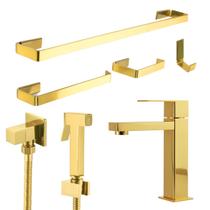 Kit Banheiro Lavabo Dourado Gold Linha Luxo com Ducha Higiênica e Torneira Aço Inox Bica Baixa