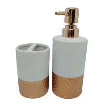 Kit Banheiro Lavabo Em Cerâmica Branco E Dourado 2 Peças