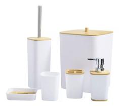 Kit Banheiro Lavabo Escova Lixeira 6 Peças / Tampa Bambú