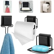 Kit Banheiro Lavabo Gancho Porta Toalha Porta Sabonete Papel Higiênico Preto Fosco Arthi