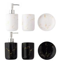 Kit Banheiro Lavabo Marmorizado Cerâmica Porta Escova Sabonete 3 Peças