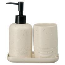 Kit Banheiro Lavabo Porcelana Bandeja Dispenser Líquido Porta Escova Decoração Luxo Bege Kit Banheiro Lavabo Porcelana Bandeja Dispenser Líquido Porta Escova Decoração Luxo Bege