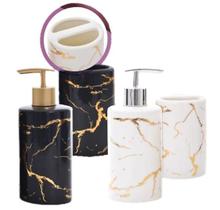 Kit Banheiro Lavabo Porcelana Branco Preto Dourado 2 Peças