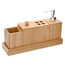 Kit Banheiro Lavabo Porta Sabonete Líquido 5 Peças Em Bambu Kit Banheiro Lavabo Porta Sabonete Líquido 5 Peças Em Bambu