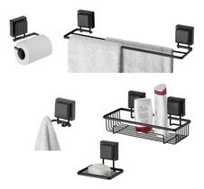 Kit Banheiro Lavabo Preto Fosco Ventosa 05 Peças Suporte Porta Papel Roupa Toalha