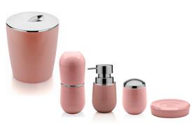 Kit banheiro lavabo Rosa quartzo 5 peças OU acessorios saboneteira sabonete liquido porta escova algodao lixeira