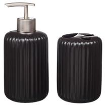 Kit Banheiro Lavabo Sabonete Líquido Dispenser Porta Escova Higiene Acessórios Porcelana Black 104