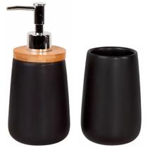 Kit Banheiro Lavabo Sabonete Líquido Escova 2 Peças Tampa Bambu